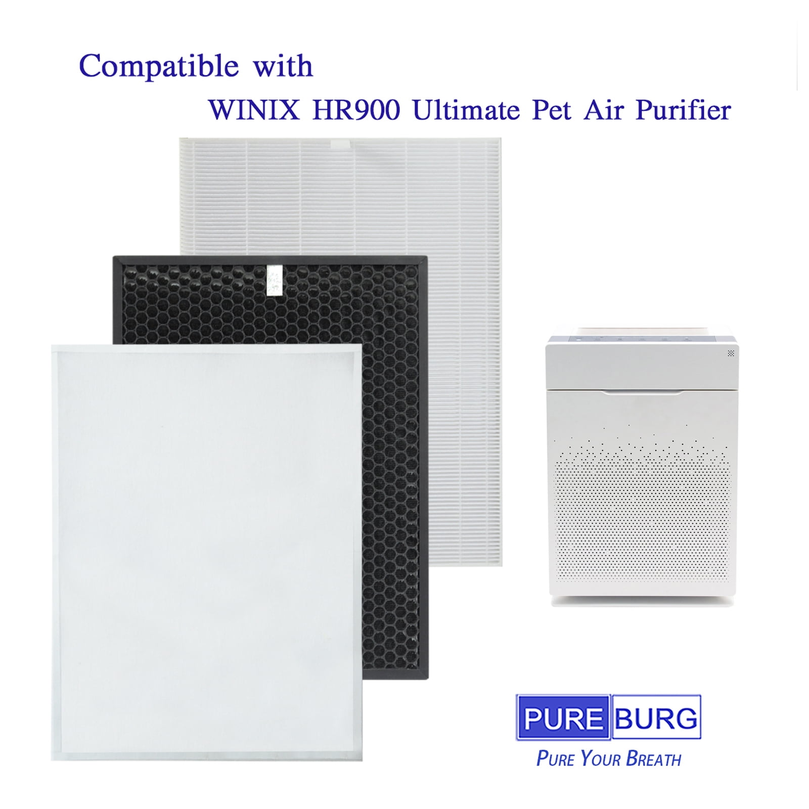 PUREBURG HR900 Replacement True HEPA Filter Set Compatible with Winix HR900 Ultimate Pet Air Purifier, Part 1712-0093-00 /Filter T and 1712-0094-00 /Filter U