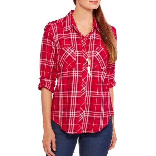 Women's Button Front Plaid Shirt with Roll Cuff Detail