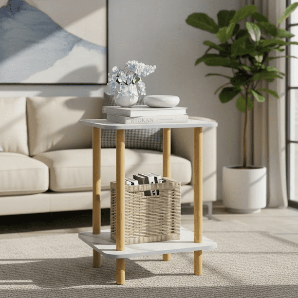 Mesa Centro Minimalista Madera Lateral Doble Repisa 40cm Blanco Marmoleado