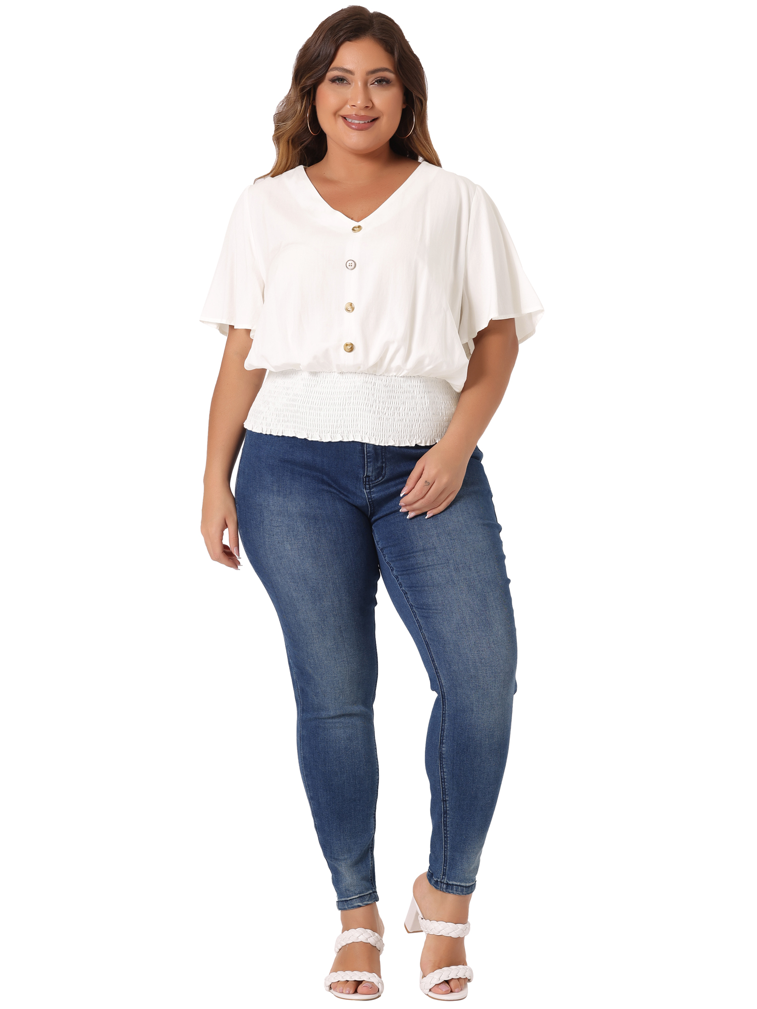 DARING DIVA Women's Plus V Neck Button Up Short Sleeve Shirred Blouse 2X White