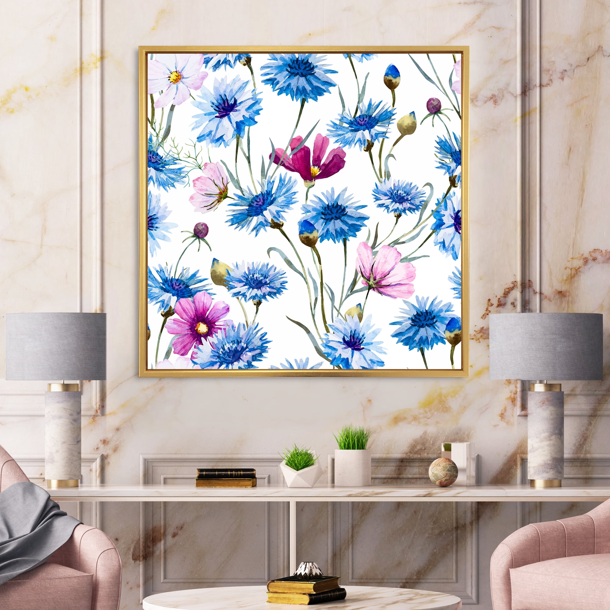 Designart 'Pink and Blue Wild Cornflowers' Traditional Framed Canvas Wall Art Print
