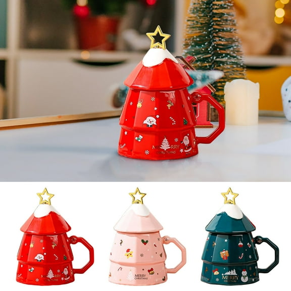 Tree Mug,Christmas Tree Coffee Cups,3D Christmas Decoration Tea Cup,Tree Shaped Coffee Mug with Lid and Spoon,350ml Cute Tea and Hot Cocoa Mugs,Christmas Tree Morning Cup for Housewarming Home