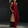 thumbnail image 5 of JULMCOMO Jumpsuits for Women Deep V Neck Halter Loose Fit Summer Outfits Sleeveless Wide Leg One Piece Casual Rompers with Pockets Wine L, 5 of 5