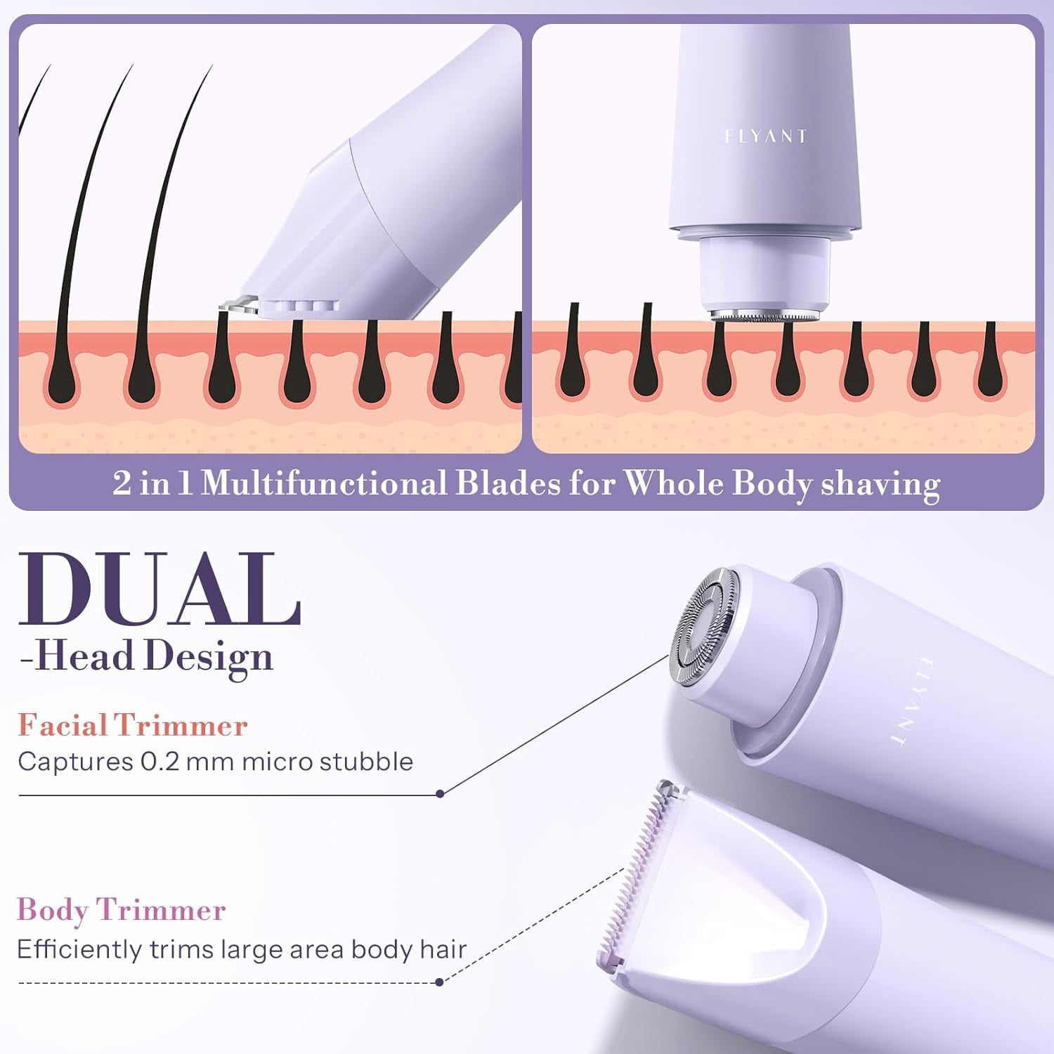 Bikini Trimmer for Women, 2 in 1 Electric Shaver for Women, Pubic Hair Trimmer Waterproof IPX7 with LED, Bikini Razor for Leg Arm Underarm Bikini Area, Teen Girl Gifts - Lavender Dream Purple