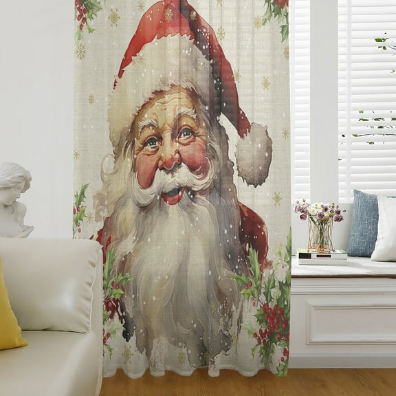 Christmas Santa, Semi Sheer Curtains Drapes for Living Room, Bedroom, French Doors Window 63 Inches Long, Winter Gold Snowflake Berry Rod Pocket Chiffon Curtain Drapery Voile Draperies Panel