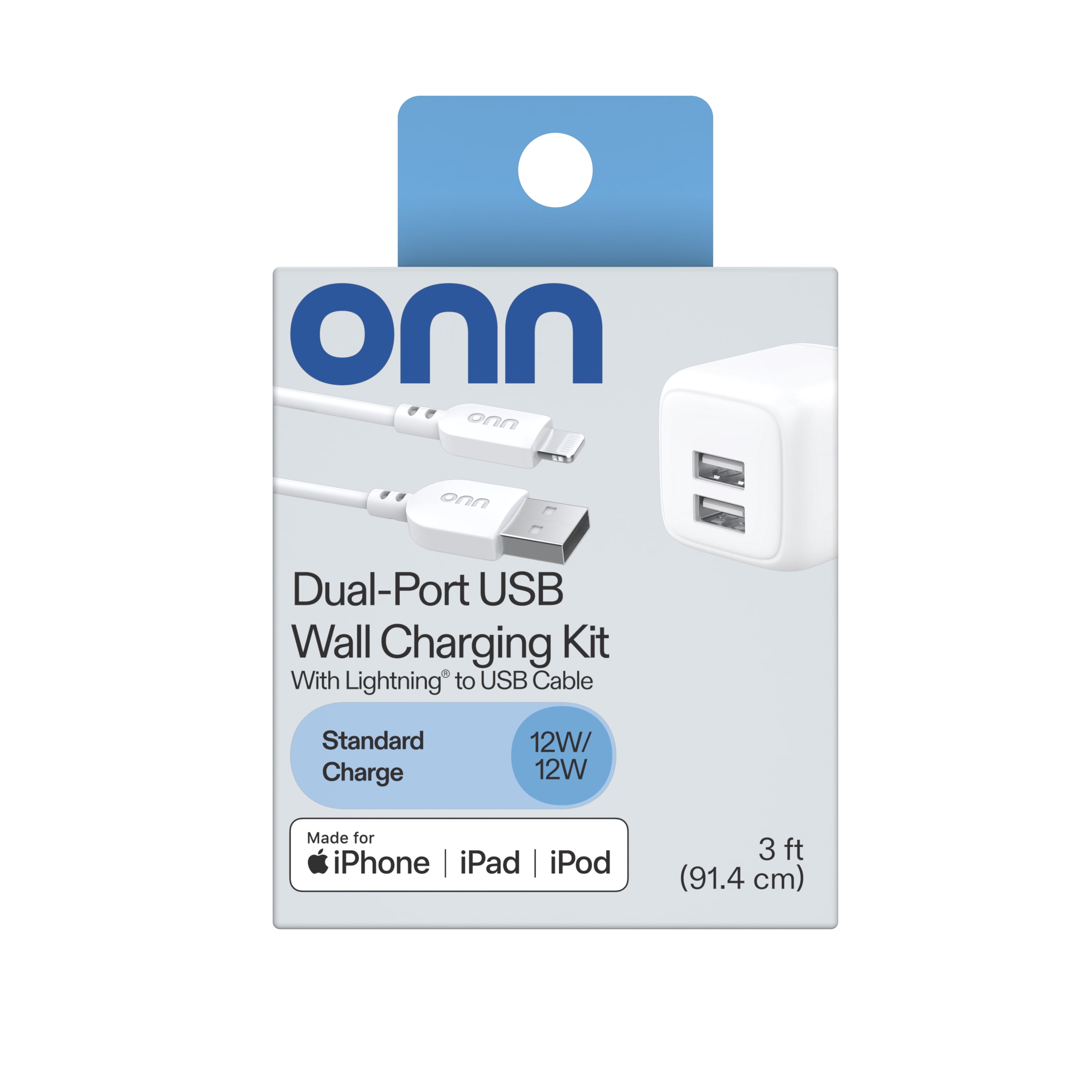 (5 pack) onn Dual USB-A Port 24W Wall Charger with 3ft Lightning to USB Cable, Foldable Plug, White