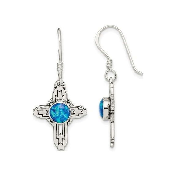 Lab-Created Blue Opal Cross Earrings in Antiqued Sterling Silver