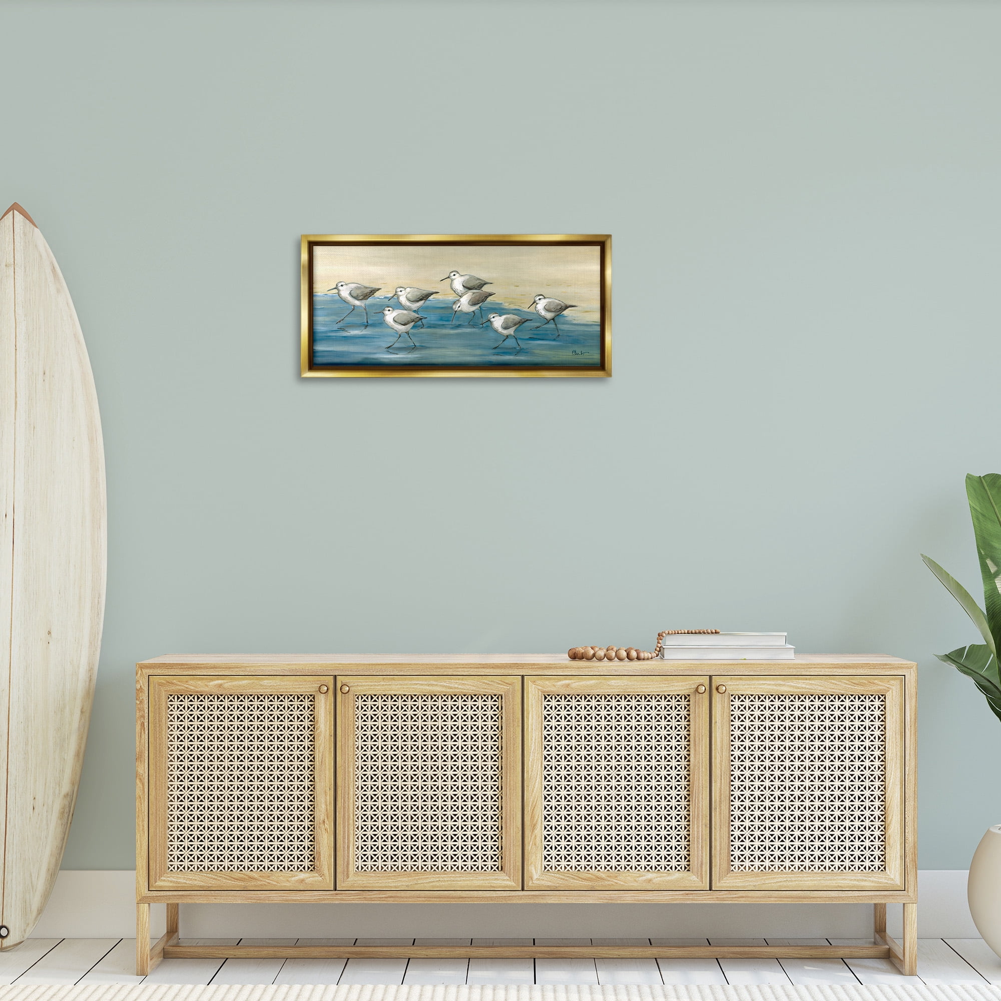 Stupell Industries Sandpiper Bird Flock Beach Shoreline Nature Painting Gold Floater Framed Canvas Art Print Wall Art, 31 x 14