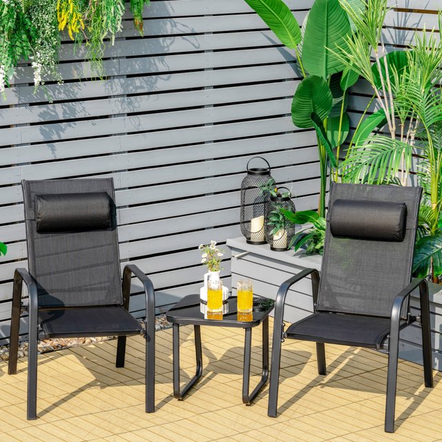 Gymax Ensemble Bistro d'Extérieur 3 Pcs Ensemble de Conversation pour Patio avec Dossier Réglable Noir