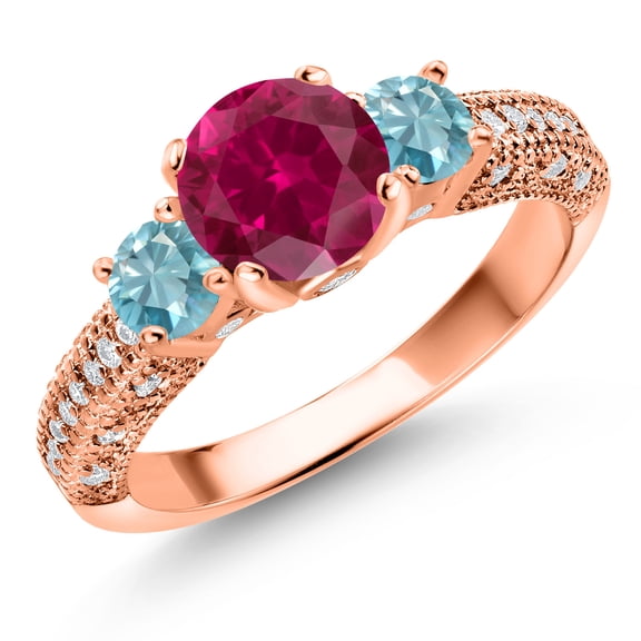 Gem Stone King 18K Rose Gold Plated Silver Red Created Ruby Blue Zircon and White Moissanite Engagement Ring for Women (2.63 Cttw, Gemstone July Birthstone, Round 7MM and 4MM, Size 8)