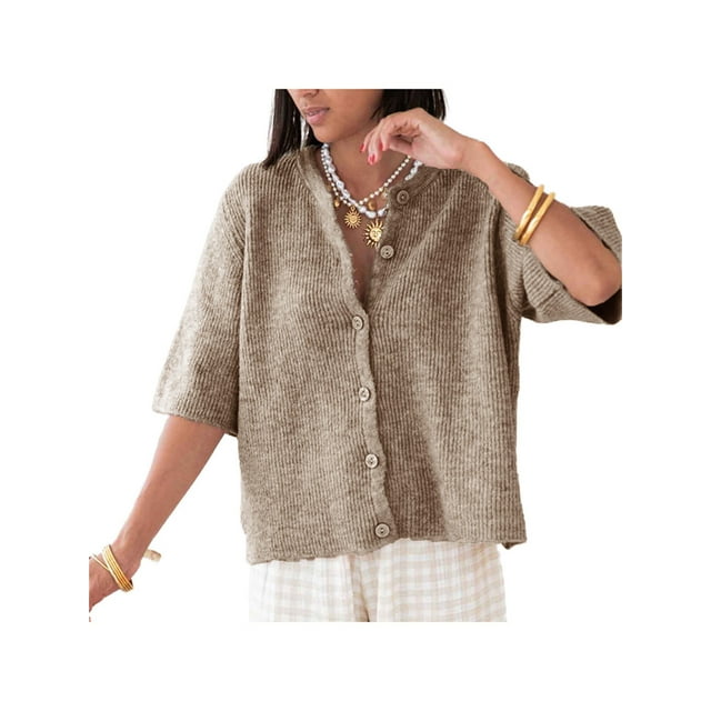 Gupgi Knitted Crop Cardigan for Women Short Sleeve Button Down Sweater Solid Color Ribbed Tops