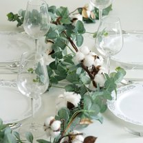 Efavormart 5 FT | Real Touch Green Eucalyptus Leaves Garland with White Natural Cotton Bolls For Wedding Events Decor