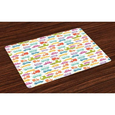 Cars Placemats Set of 4 Lovely Drive on a Sunny Fun Summer Day Theme with Colorful Buses Trucks Exhaust Fumes, Washable Fabric Place Mats for Dining Room Kitchen Table Decor,Multicolor, by (Best Place To Get Exhaust Installed)