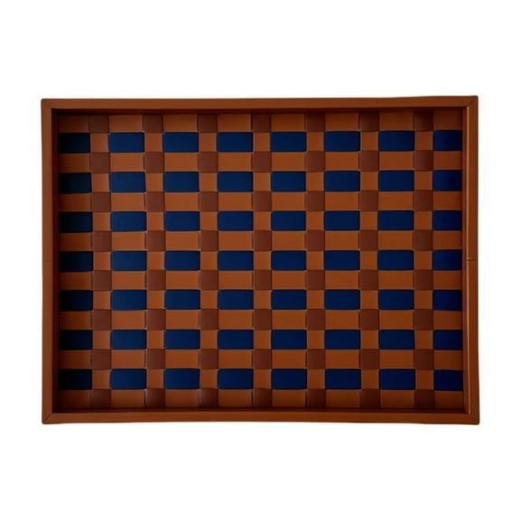 Textured Checkered Weave1eatherServing Tray Sophisticated Storage Dish For Tables Countertops