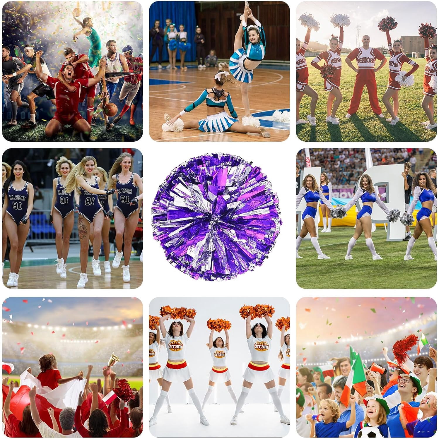 8 PCS Metallic Cheerleading Pom Pom for Team Spirit Sports Dance Cheering Kids Adults-Ring Style
