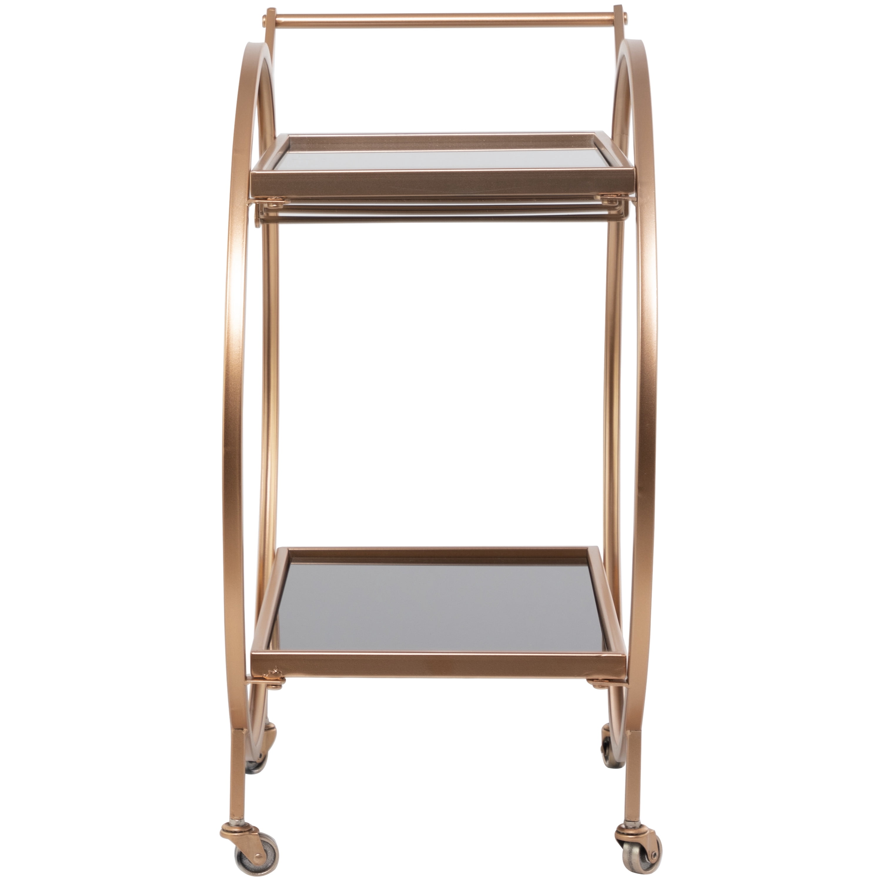 DecMode 28" x 31" Rose Gold Metal Rolling 2 Mirrored Shelves Bar Cart with Wine Glass Storage and Handle, 1-Piece