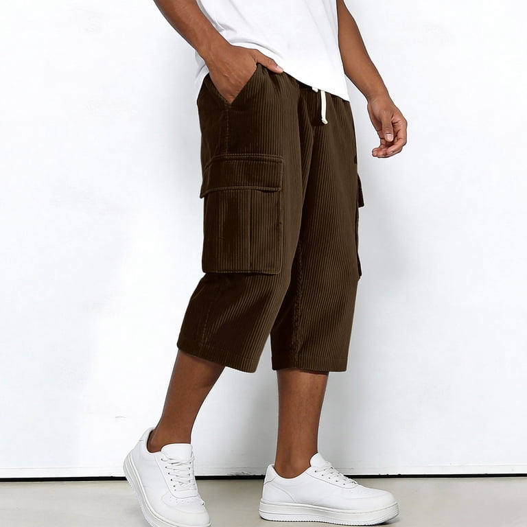 TKKCS Mens Corduroy Cargo Capri Shorts- Casual Relaxed Fit Work