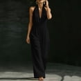 thumbnail image 4 of XPMWRP Women's Halter Neck Jumpsuit High Waist Wide Leg Casual One Piece Outfit with Pockets V Neck Jumpsuit for Summer Black M, 4 of 7