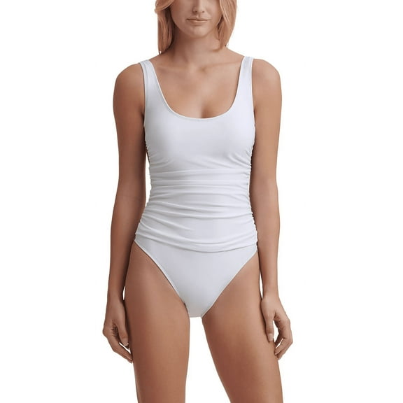 DKNY SOFT WHITE Mesh Side Shirred One Piece Swimsuit, US 16