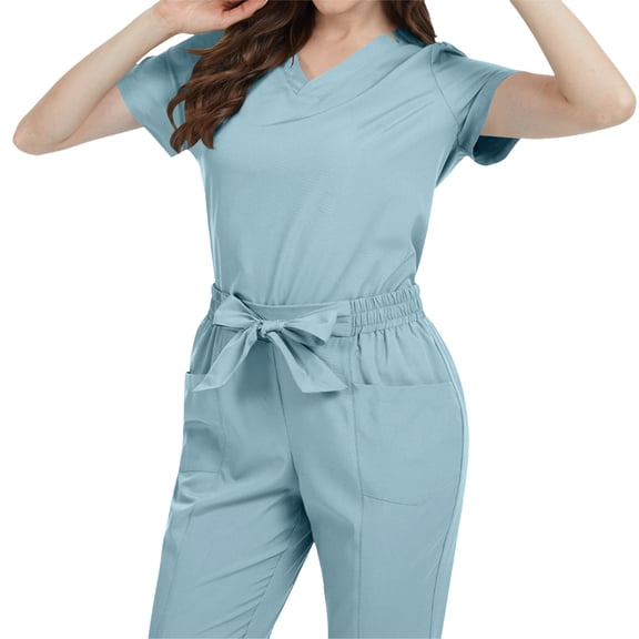 Bosfbaoi Women's 2 Piece Scrub Set Nursing Uniform Sets V-Neck Puff Sleeve Top Multi-Pocket Straight Leg Pants Medical Uniform