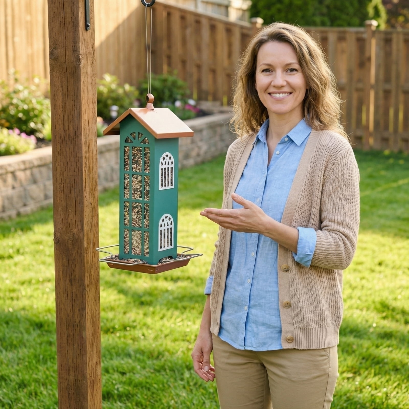 Copper Bird Feeder, Metal Bird Feeder, Outdoor Bird Feeder, Bird Feeder, Shepherds Hook for Bird Feeder, Bird Feeder Hanger, Outdoor and Garden, Bird Feeder Tray, 18X8 In, 1 Pc
