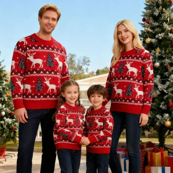 AUNVITO Boy & Girl'sFamily Christmas Sweater Knitted Pullover with Reindeer and Snowflake Patterns Cozy and Festive Family Matching Style