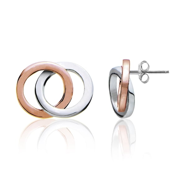 Rose Tone over Sterling Silver Two-Tone Double Circle Polished Stud Earrings