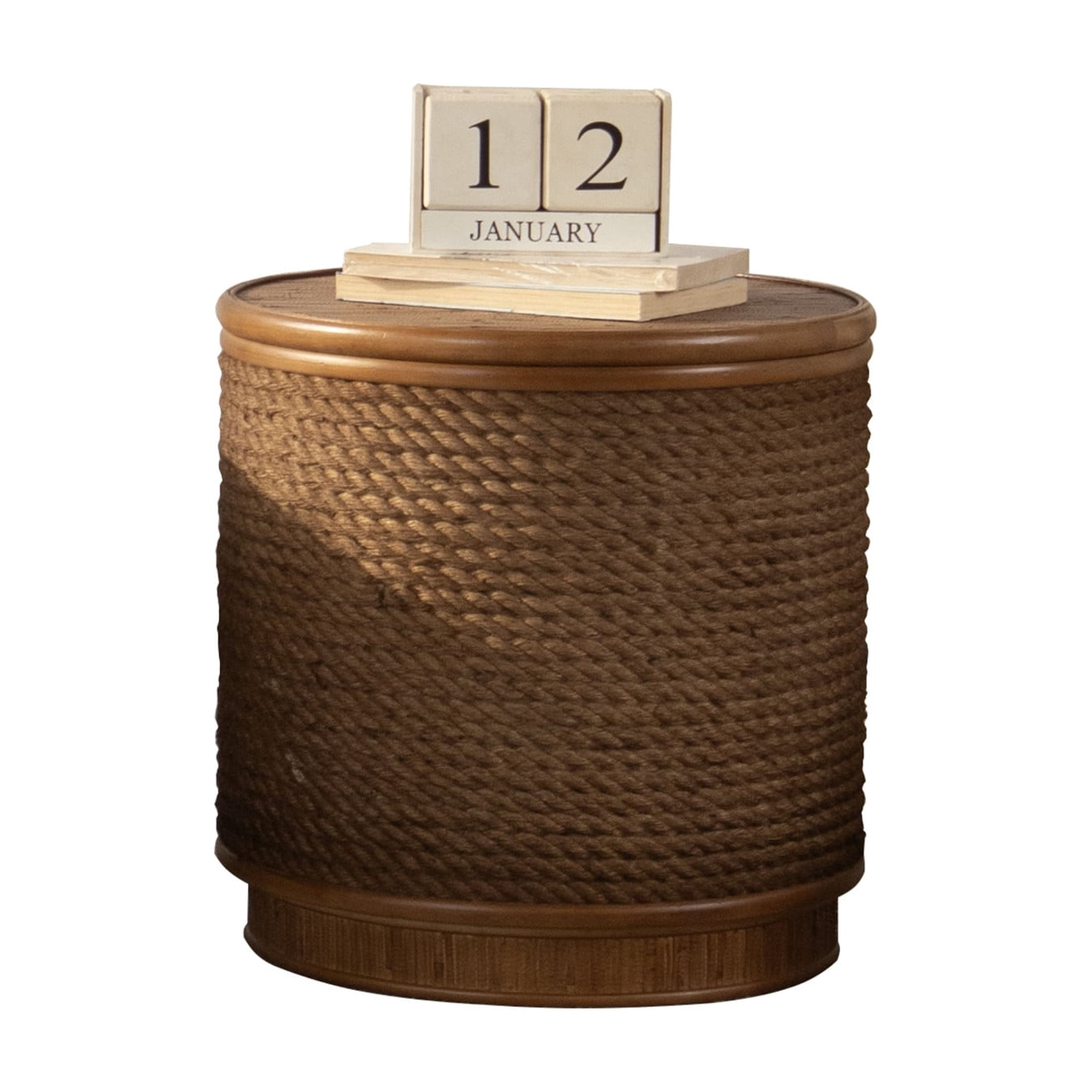 Noble House 16" Round Rattan Storage Coffee Table with Lift-Off Lid and Hand-Woven Rope Trim, Boho-Chic, Natural Wood