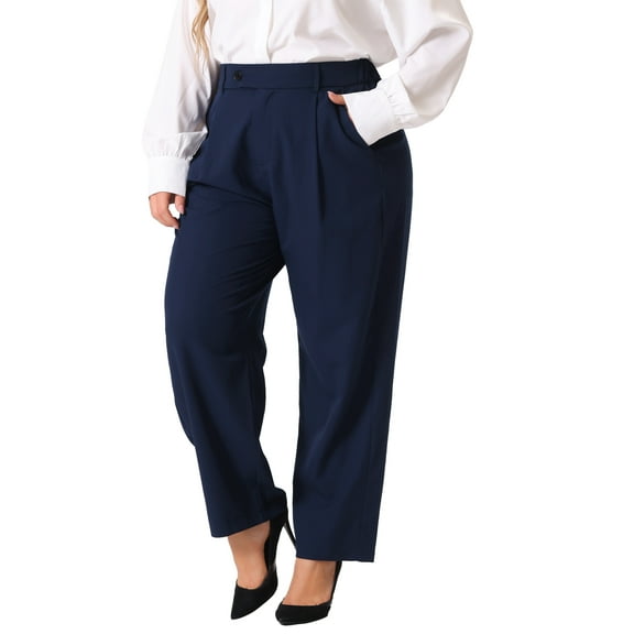 DARING DIVA Women's Plus Elastic High Waisted Long Straight Pants 1X Navy Blue
