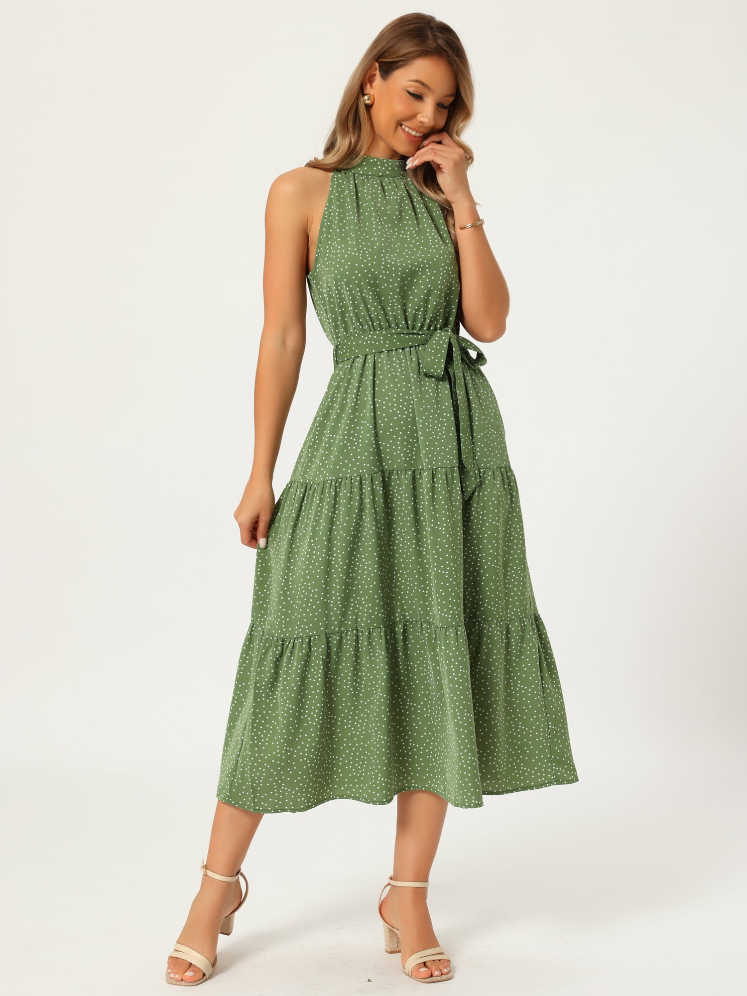 DARING DIVA Women's Halter Tiered Belt Waisted A-Line Flowy Cocktail Dresses XL Green