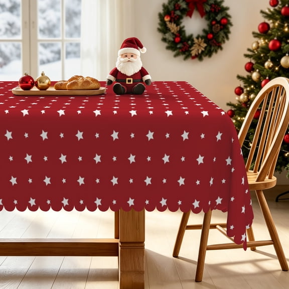 Nanqianyi White Star Rectangle Tablecloth,Burgundy Christmas Washable Table Cover for Holiday Home Dining Kitchen Decoration,52x70 Inch