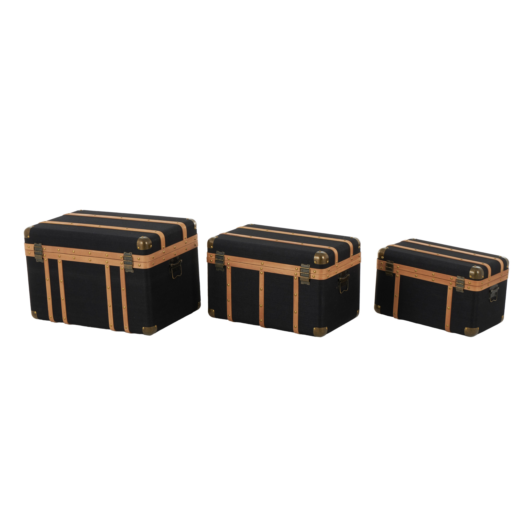 DecMode 22" x 14" Black Fabric Trunk with Brass Metal Latches and Brown Wooden Accents, 3-Pieces