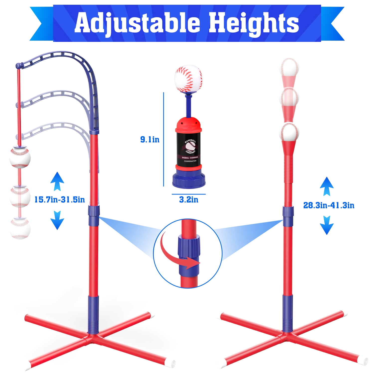 Beefunni 3-in-1 Baseball Set for Toddlers Kids 3-8 - Tee Ball Stand, Hanging Tee, Ball Launcher and 6 Baseballs -  Indoor/Outdoor Sport Gifts for Boys (Red&Blue)