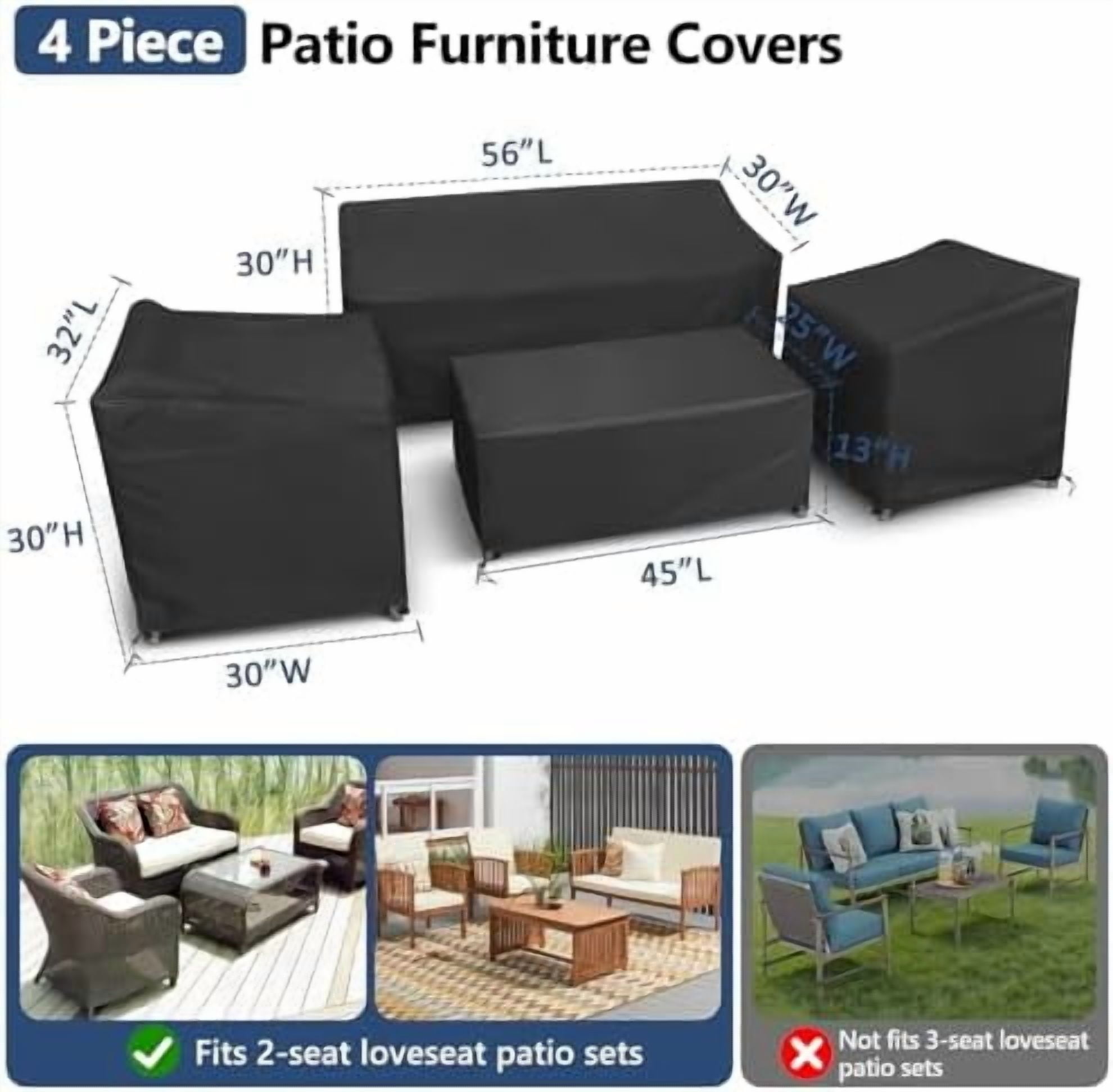 RibRave Patio Furniture Covers 4 Piece Set, Heavy Duty Waterproof Outdoor Furniture Cover 420D for Rattan Wicker Conversation Set, Black