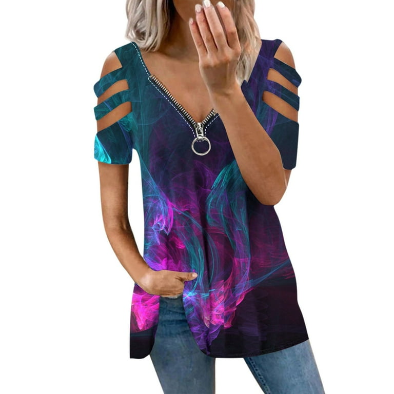 Women's Tie Dye Printed T Shirts Sexy Hollow out off Shoulder