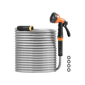 KFFKFF Metal Garden Hose 50 ft, Rust Proof Stainless Steel Water Hose, Heavy Duty Backyard Hose with 10 Function Nozzle, No-Kink & Flexible Water Pipe