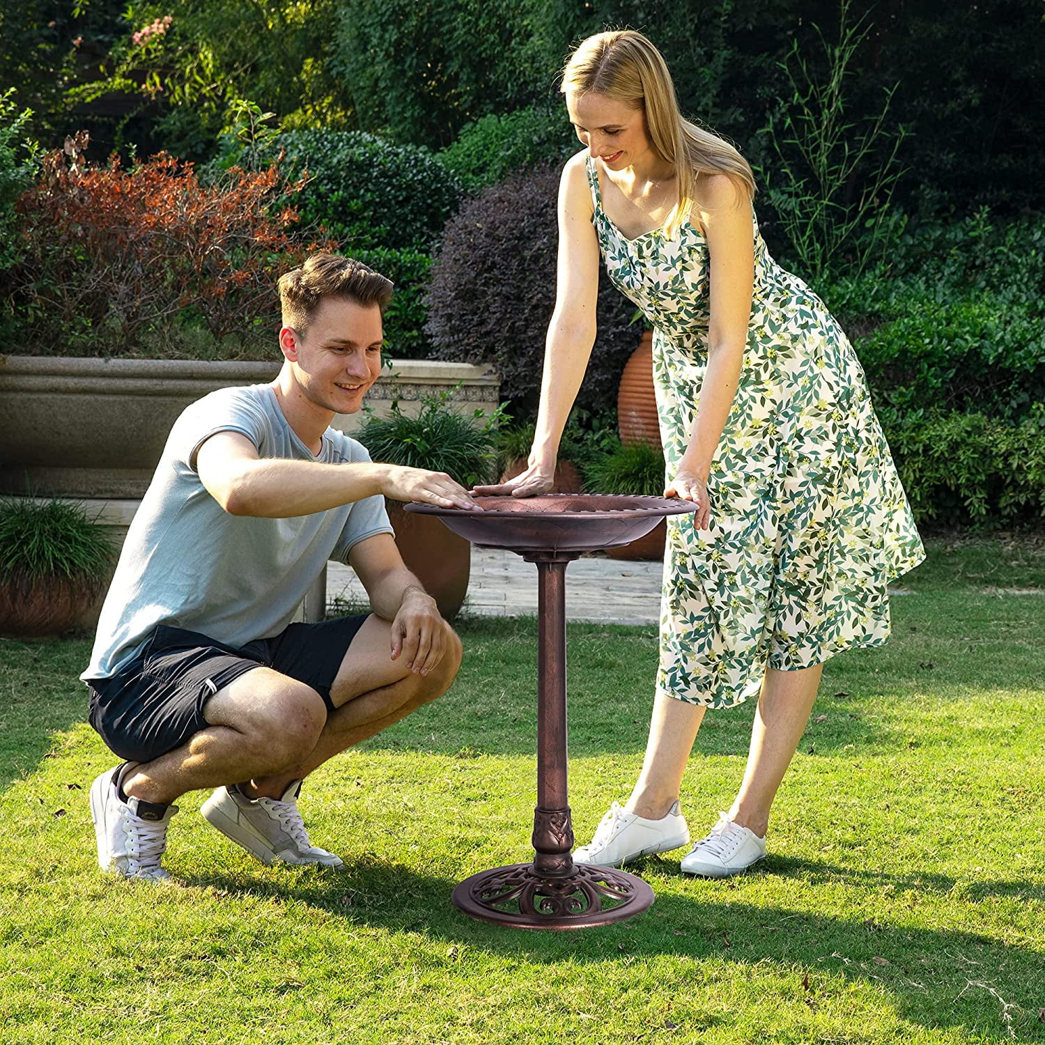SPECSTAR Bird Bath, 28 inch Height Polyresin Lightweight Antique Outdoor Garden Birdbath Bronze