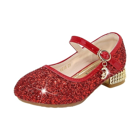 

CAICJ98 Girls Mary Jane Bridesmaids Dress Shoes Flower Toddler Girls Wedding Party Sparkle High Heel Glitter Princess Shoes Red 4(Little Kid/Big Kid)