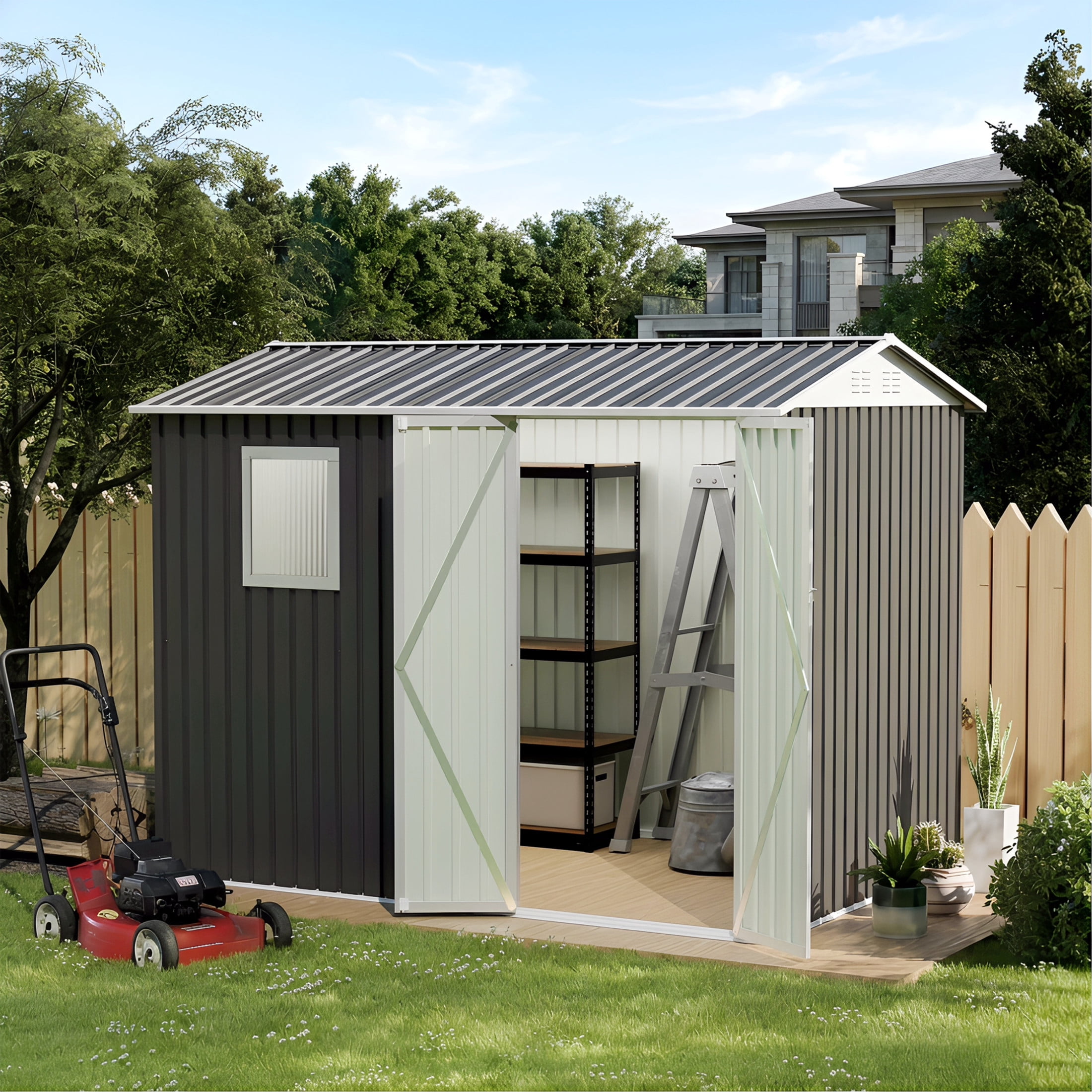 Noble House 9x6 FT Metal Outdoor Garden Shed, Galvanized Steel Backyard Tool Storage House with Window, Grey