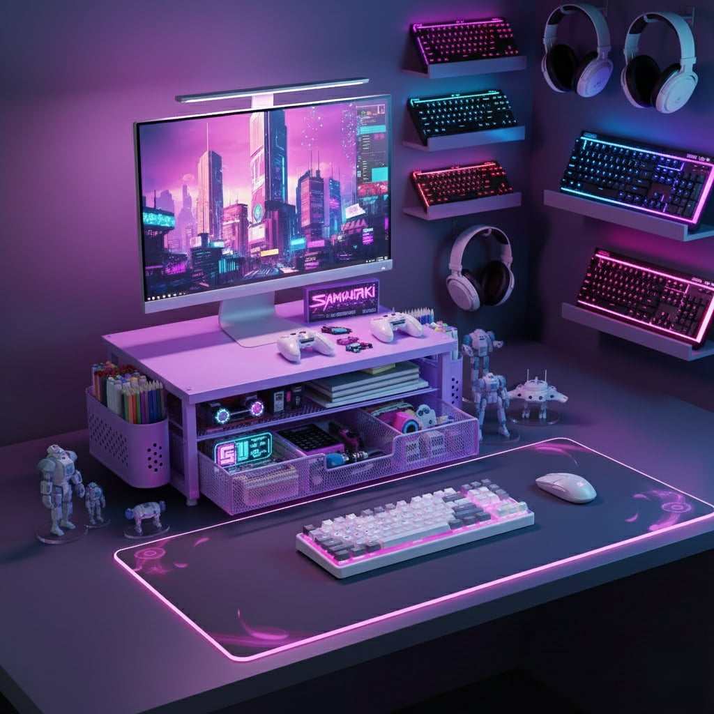 MEHOOM Desk Organizer, 3-Tier Monitor Stand with Storage and 2 Pen Holder, Laptop Stand, Office Desk Accessories for Office Supplies, Purple
