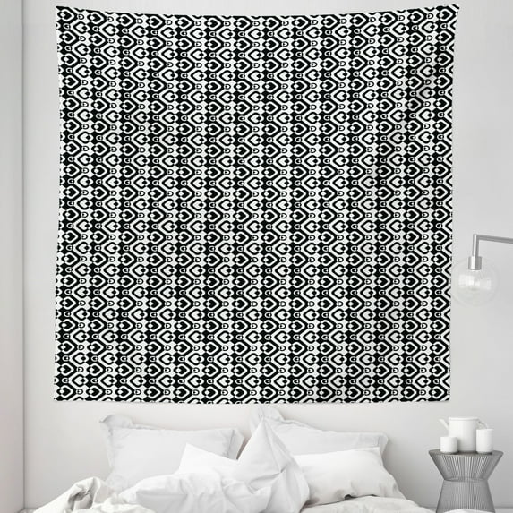 Geometric Tapestry, Chevron Zigzags Rhombus and Circles Pattern Monochrome Abstract Illustration, Fabric Wall Hanging Decor for Bedroom Living Room Dorm, 5 Sizes, Black and White, by Ambesonne