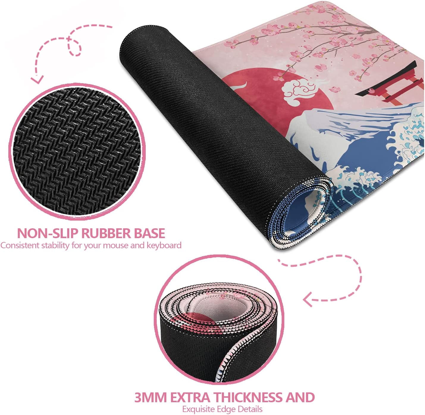 31.5x15.7in Japanese Mount Fuji Mouse Pad Large Cherry Blossom Mouse Pad Pink Mousepad No Slip Rubber Base Extended Desk Mat for Office Work Home Writing Gaming