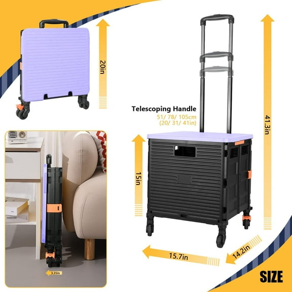 Foldable Utility Cart - , 4 360 °   Rotate Wheels,  Plastic with Telescoping Handle for Office, School, Travel