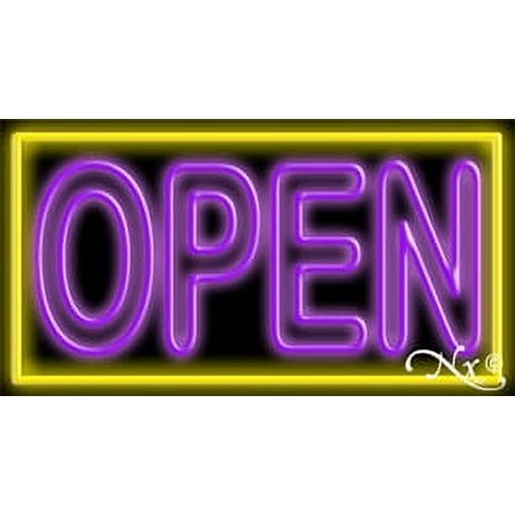 Double Stroke Purple Open With Yellow Border LED Neon Sign 20 x 37 - inches, Clear Edge Cut Acrylic Backing, with Dimmer - Bright and Premium built indoor LED Neon Sign for storefront.