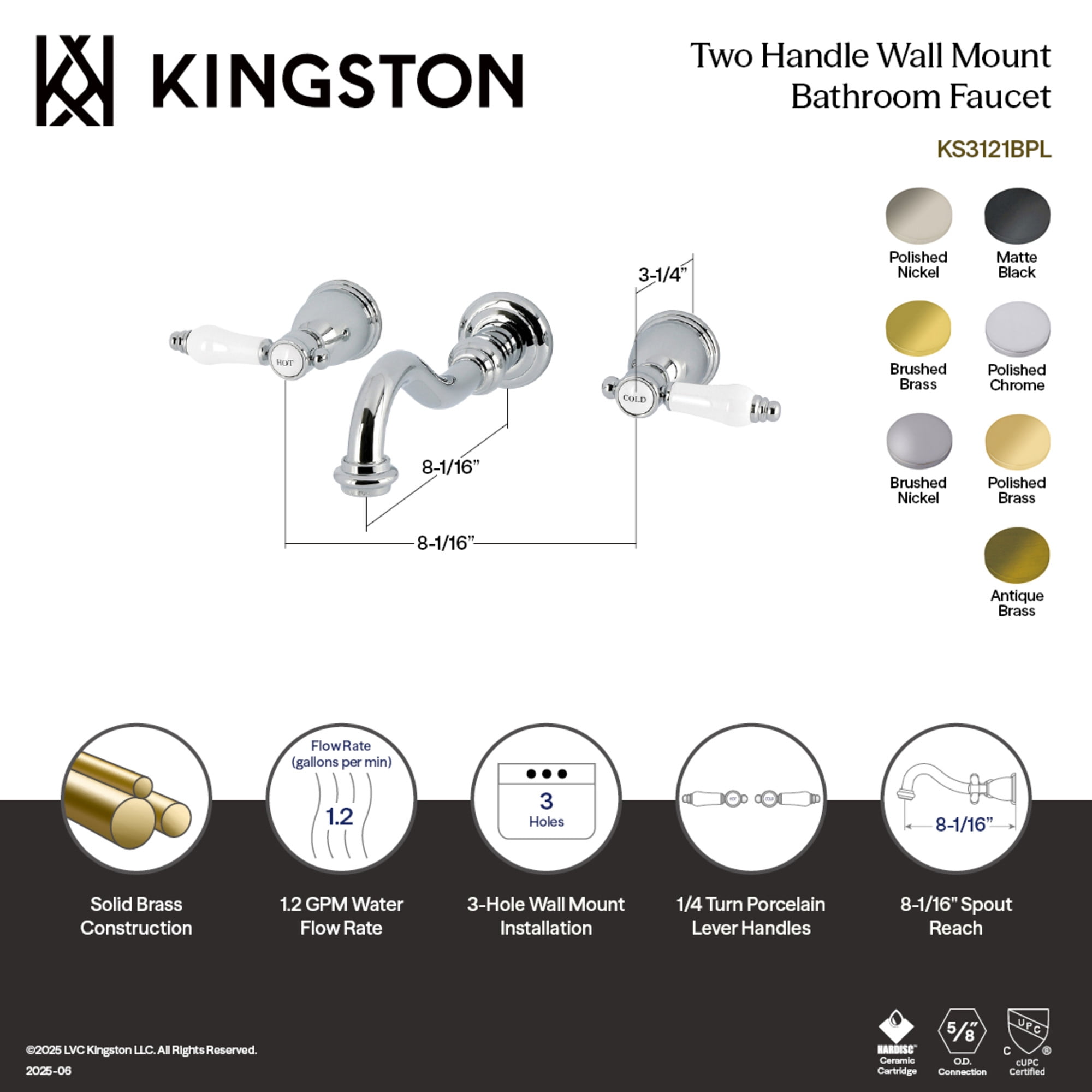 Kingston Brass KS3127BPL Bel-Air Double-Handle 3-Hole Wall Mount Bathroom Faucet in Brushed Brass