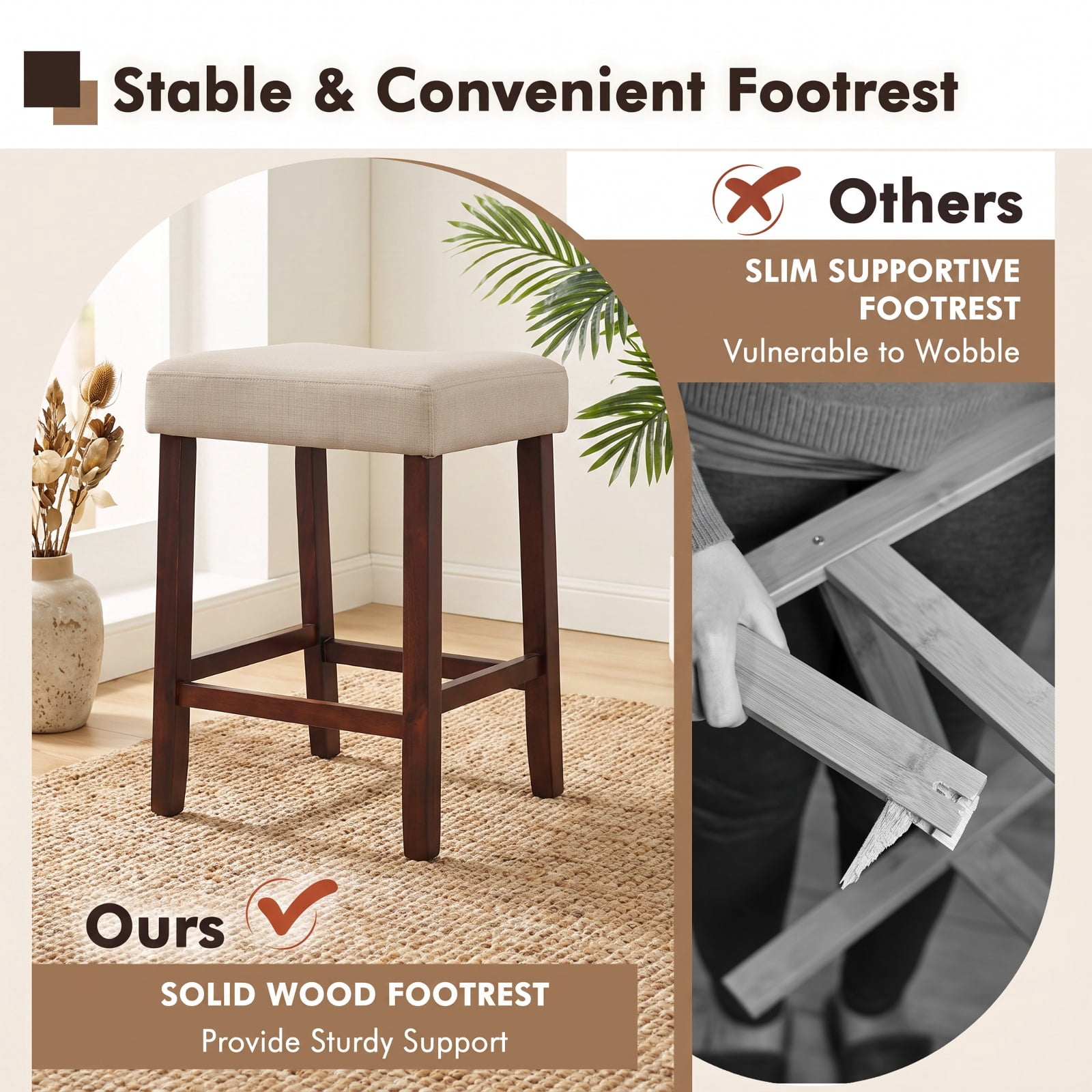 Furnibear Set of 2 Bar Chairs with Hollowed Back and Rubber Wood Legs in Beige
