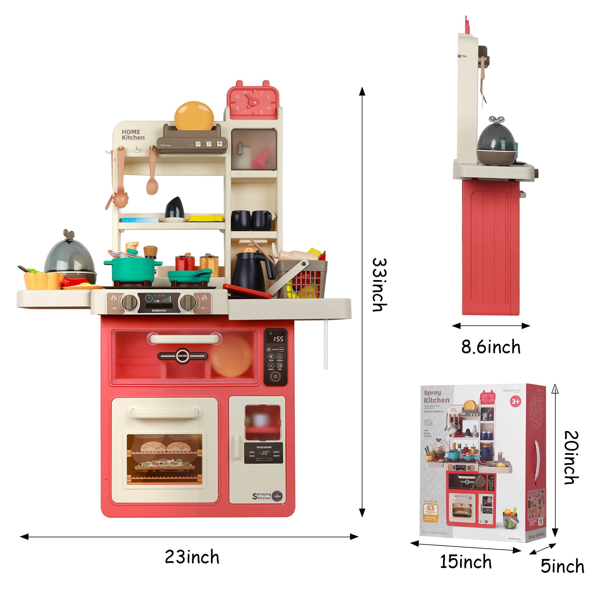 PayUSD Play Kitchen Set for Kids, 63 PCS 33Inch Pretend Play Food Toys Kitchen Set with Realistic Sounds & Lights, Play Sink, Simulation of Spray Kitchen Toys for Toddlers Girls Boys Gift, Pink