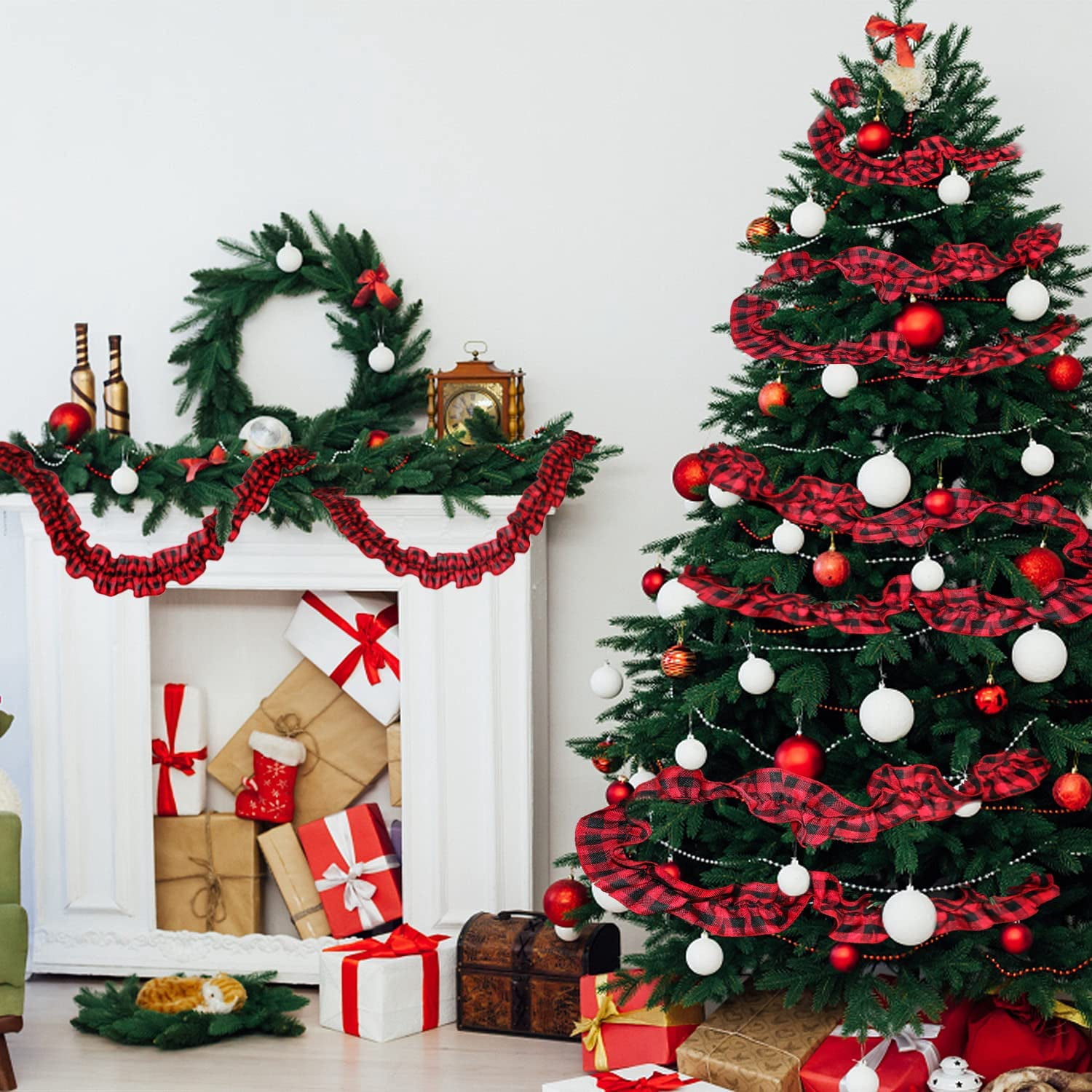 Dalrosia 6PCS Plaid Christmas Tree Garland Christmas Buffalo Plaid Ribbon Ruffled Homespun Fabric Garland Christmas Tree Ribbon Decorations for Christmas Home Wreath Staircase Tree Decor
