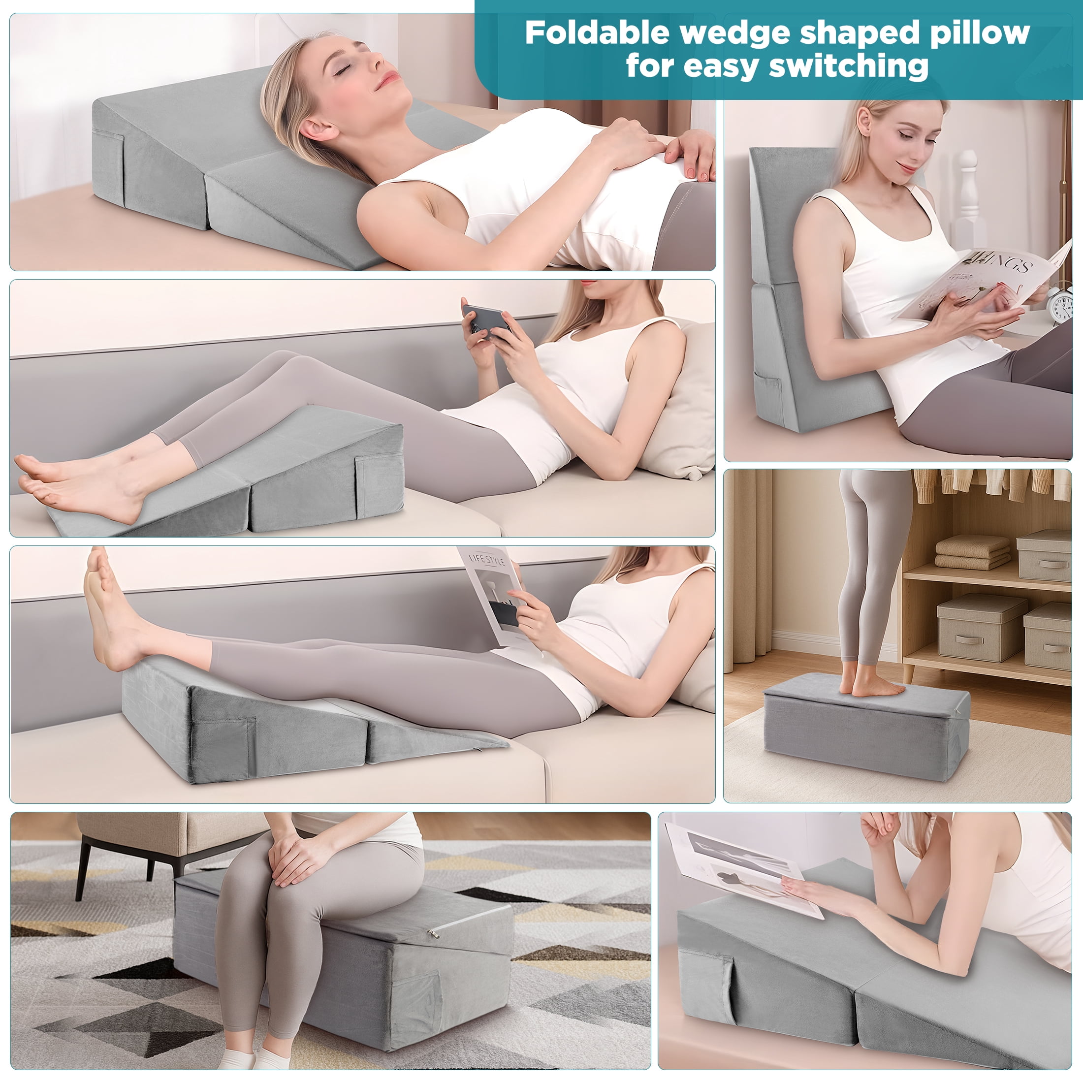 MOONORAH Wedge Pillow for Sleeping,Foldable Bed Wedge Pillow,Orthopedic Memory Foam Triangle Pillows Wedge, for Sleep Apnea, Acid Reflux, Heartburn, Back Pain Relief,Gray
