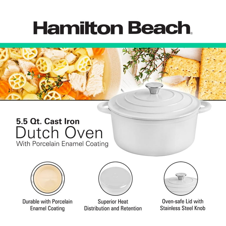 Hamilton Beach Enameled Cast Iron Dutch Oven 5.5-Quart White, Cream Enamel Dutch  Oven Pot with Lid, Cast Iron Dutch Oven with Even Heat Distribution, Safe  Up to 400 Degrees, Durable, Dishwasher Safe 